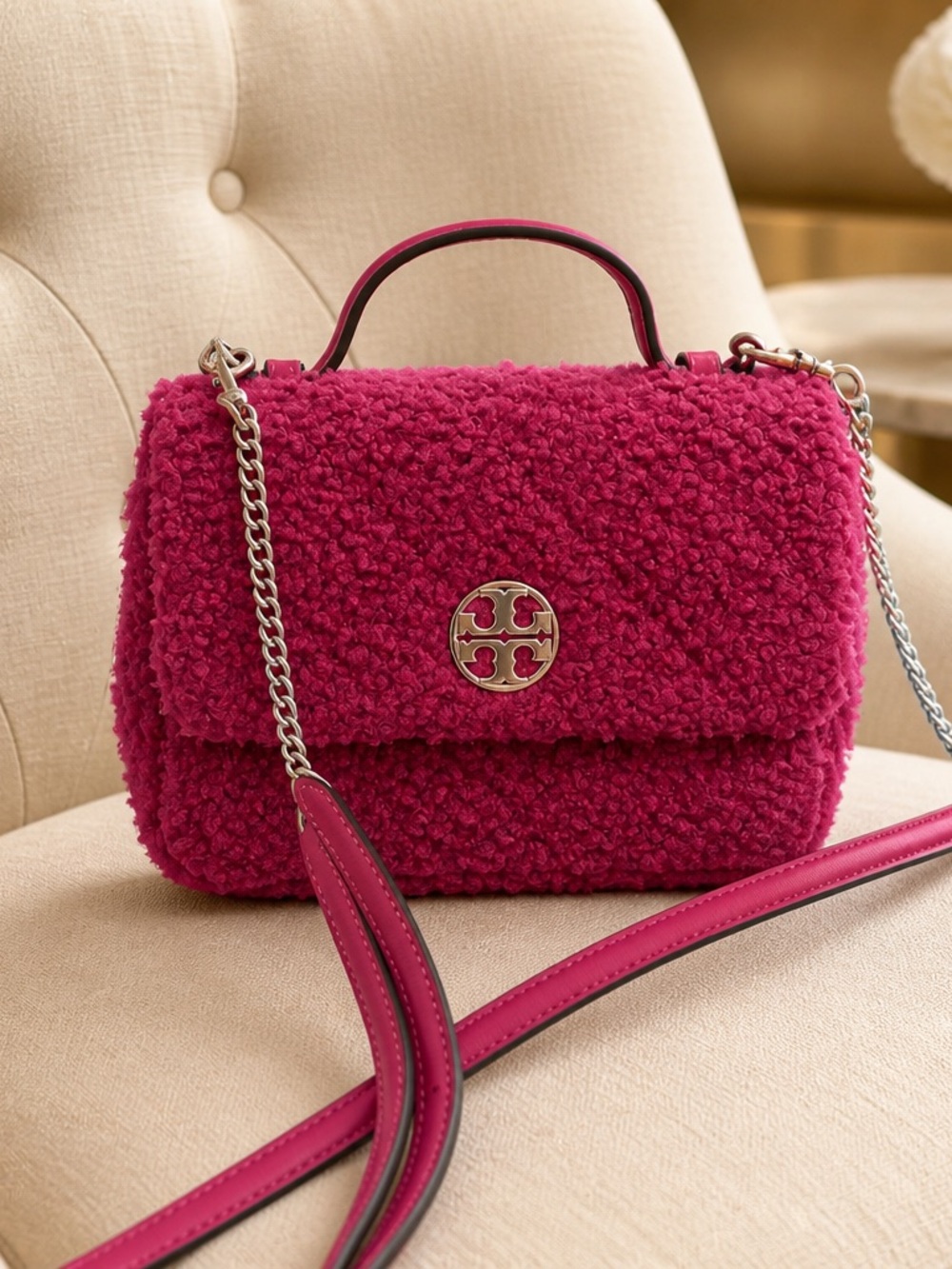 Tory Burch Hot Pink Shearling Shoulder Bag with Chain Strap